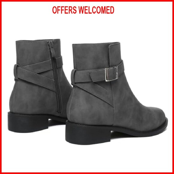 Women's Chunky Low Heel Ankle Boots Round Toe Buckle Leather Booties - Picture 7 of 8